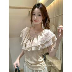 批发AS OFFICIAL十三行温柔风芭蕾感纱纱花边v领小衫拼接蕾丝收腰上衣