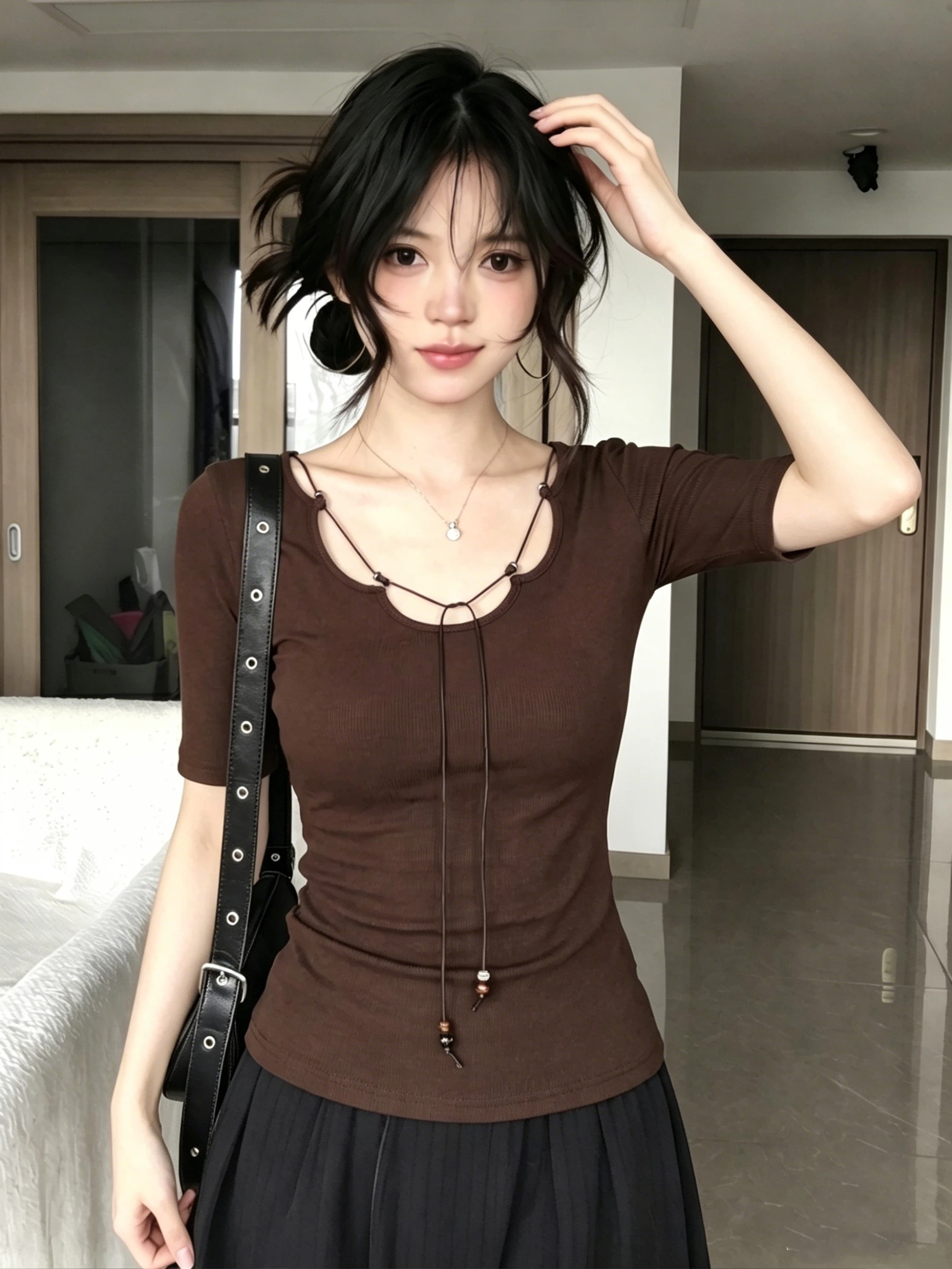 핫걸 바람 커피 색상 반팔 티셔츠 여성 여름 디자인 센스 레이스업 몸매 가꾸기 슬림해 보이는 순수한 욕망 섹시함 다용도 맨위 트렌디
