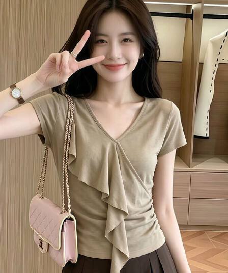 빅 사이즈 지방 mm 핫걸 바람 V넥 불규칙 프릴 리본 반팔 티셔츠 여성 여름 몸매 가꾸기 슬림해 보이는 맨위