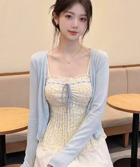 2026 봄 여름 새로운 빅 사이즈 지방 mm 한 부서 꽃무늬 조끼 하늘색 자외선 차단 외부 가져 가라. 오픈 가디건 맨위 투피스 세트
