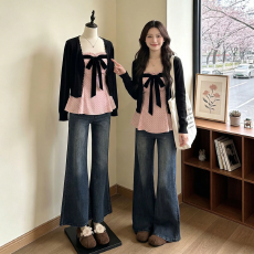 批发大码胖MM甜美少女风波点蝴蝶结抹胸上衣两件套女<b class='q'>春</b>季新款甜系套装