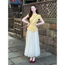 批发大码套装中式提花撞色套装夏掐腰短袖上衣白色百褶半裙