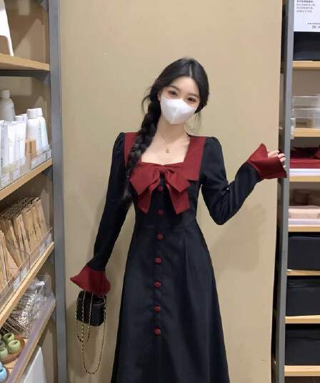 가을 프랑스식 레트로 품격 나비 매듭 드레스 빅 사이즈 지방 mm 표지 배 슬림해 보이는 검정색 그는 벤 긴팔 롱 스커트
