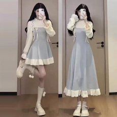 批发韩系温柔风蓝色绑带假两件背带连衣裙女春秋学院风甜美穿搭
