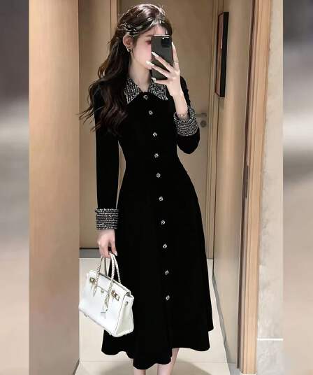 가을 겨울 검정색 고급 허리 수축 롱 스커트 작은 2026 여성 드레스 프랑스식 품격 폴로 칼라 a 향기로운 단어 디자이너