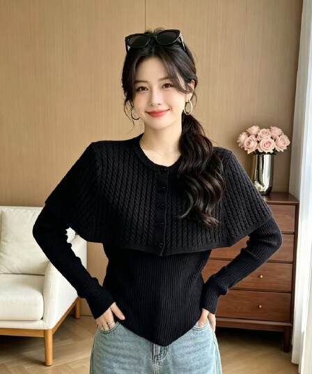 살구 색상 망토 숄 니트 스웨터 여성 외출용 2026 가을 겨울 새로운 허리 수축 스웨터 디자인 센스 두 조각 맨위