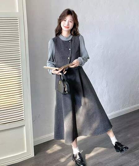 빅 사이즈 롱 코트 표지 고기 드레스 여자 작은 키 치마 프랑스식 고급 센스 품격 허리 수축 슬림해 보이는 치마