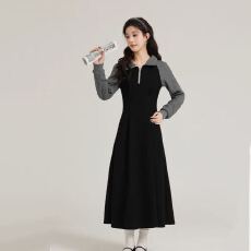 批发法式气质赫本风假两件灰色收腰显瘦连衣裙子长裙女<b class='q'>春</b>秋季2026新款