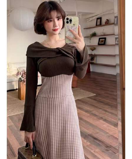 부드러운 바람 비틀림 꼬집기 허리 치마 패치워크 체크무늬 레이스업 여성 드레스 2026 조기 봄 디자인 센스 니트 롱 스커트
