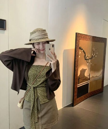 2026 가을 새로운 순수한 욕망 바람 레오파드 무늬 스트랩 허리 수축 캐미솔 긴팔 오픈 가디건 투피스 세트 맨위 여성