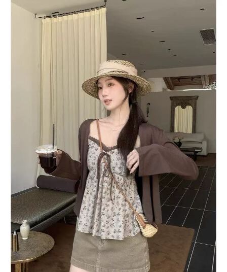 우 77 꽃무늬 나비 넥타이 조끼 슬립 여성 미니멀리즘 다용도 나팔 소매 카디건 코트 투피스 슈트 봄