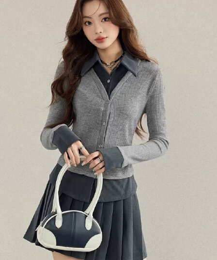 학원 스타일 회색 polo 폴로 칼라 페이크 레이어드 긴팔 니트 스웨터 여성 가을 인사이드 가져 가라. 만나는 품격 몸매 가꾸기 맨위