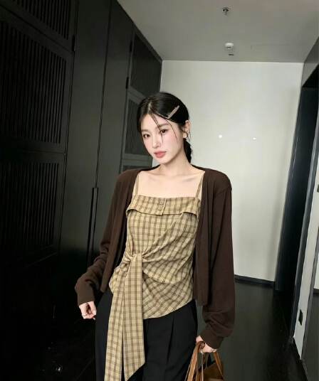 체크무늬 튜브탑 슬립 외부 가져 가라. 긴팔 오픈 가디건 여성 이른 가을 새로운 스트랩 허리 수축 불규칙 밑단 민소매 맨위