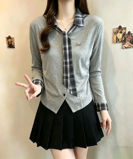 페이크 레이어드 배색 긴팔 여성 셔츠 가을 새로운 학원 스타일 나비 넥타이 작은 셔츠 외국 가스 슬림해 보이는 맨위