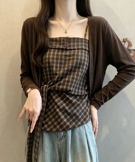레트로 체크무늬 비틀림 슬립 작은 셔츠 여성 가을 빅 사이즈 지방 mm 외부 가져 가라. 얇은 스타일 긴팔 오픈 가디건 슬림해 보이는 투피스 세트