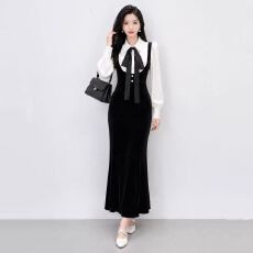 批发法式时尚假两件名媛长袖连衣裙<b class='q'>春</b>秋新款气质高级感收腰显瘦长裙子