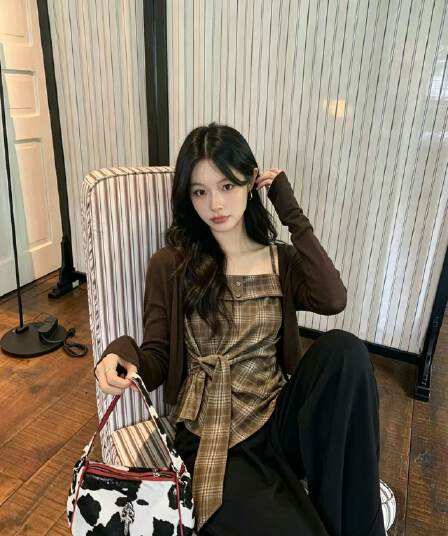 체크무늬 튜브탑 슬립 외부 가져 가라. 긴팔 오픈 가디건 여성 이른 가을 새로운 스트랩 허리 수축 불규칙 밑단 민소매 맨위