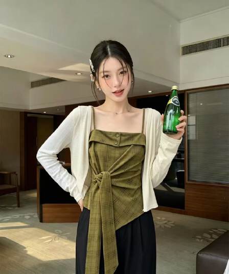 한 부서 핫걸 레트로 체크무늬 허리 수축 스트랩 캐미솔 여름 긴팔 오픈 가디건 패션 다용도 투피스 세트