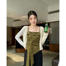 批发韩系辣妹复古格子收腰绑带吊带背心女<b class='q'>夏</b>季长袖开衫时尚百搭两件套