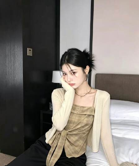 한 부서 핫걸 레트로 체크무늬 허리 수축 스트랩 캐미솔 여름 긴팔 오픈 가디건 패션 다용도 투피스 세트