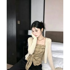 批发韩系辣妹复古格子收腰绑带吊带背心女<b class='q'>夏</b>季长袖开衫时尚百搭两件套