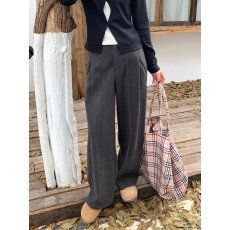 批发加厚灰色毛呢阔腿裤女2026秋冬新款宽松显瘦设计感褶皱直筒<b class='q'>西装</b>裤