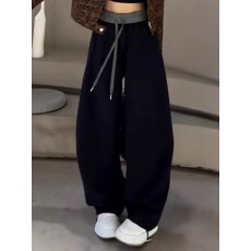 批发藏青色弯刀运动裤女秋冬新款大码高腰抽绳遮胯显瘦百搭束脚阔腿裤