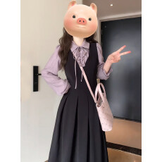 批发法式温柔风假两件polo领连衣裙女秋季巨好看气质收腰显瘦黑色长裙