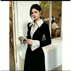 批发黑色polo领衬衫针织连衣裙女2026秋季新款收腰假两件裙子