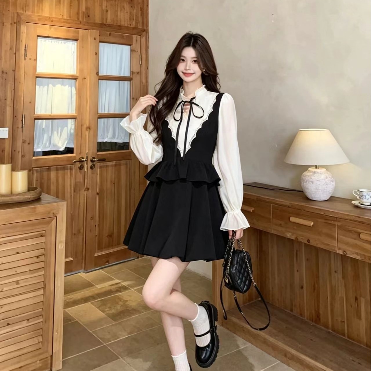RY9231# 胖妹妹法式赫本风黑色花苞连衣裙女秋季新款高级感假两件千金风...