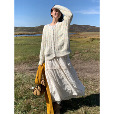 批发实拍2025秋冬复古简约百搭高腰蕾丝拼接波点中长款A字裙半身裙