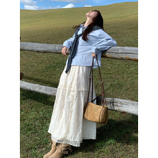 批发实拍2025秋冬复古简约百搭高腰蕾丝拼接波点中长款A字裙半身裙