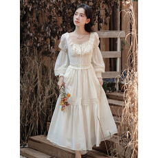 批发2026新款 重工定染蕾丝长袖仙女系带<b class='q'>连衣裙</b>收腰长裙