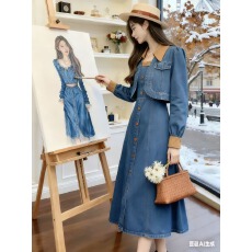 批发蓝色牛仔吊带裙套装女春2026新款显瘦气质设计感外套连衣裙两件套
