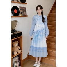 批发2026春<b class='q'>秋</b>款新中式月白蓝气质高级感半裙套装女多巴胺两件套