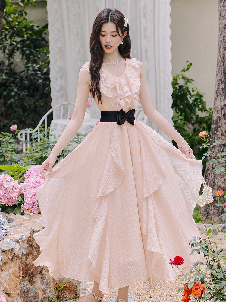 맑은 눈 팅 블루 프랑스식 디자인 센스 V넥 프릴 배색 허리 수축 품격 요정 치마 드레스