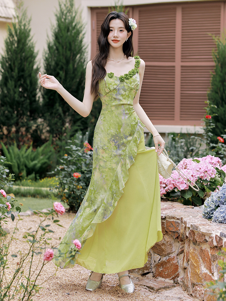 해변가 휴가 황색 여성 드레스 여름 밝은 예술 건강 착용 가져 가라. 쉬폰 슬립 롱 스커트