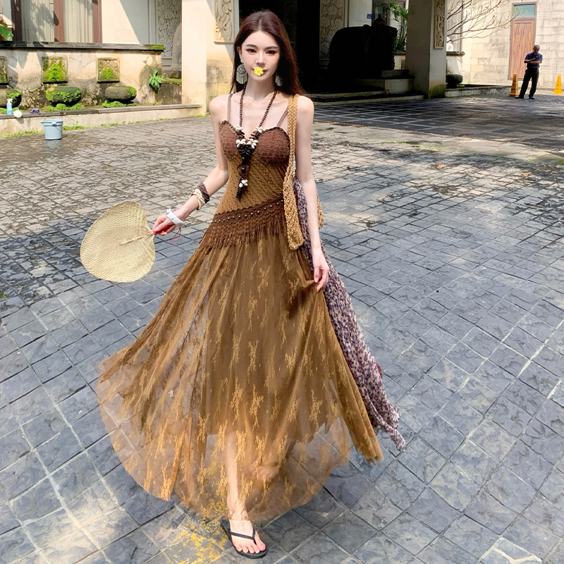 운남 민족 스타일 이국적인 스타일 차 카드 소금 호수 사막 여행 사진 찍기 드레스 해변가 휴가 해변 롱 스커트