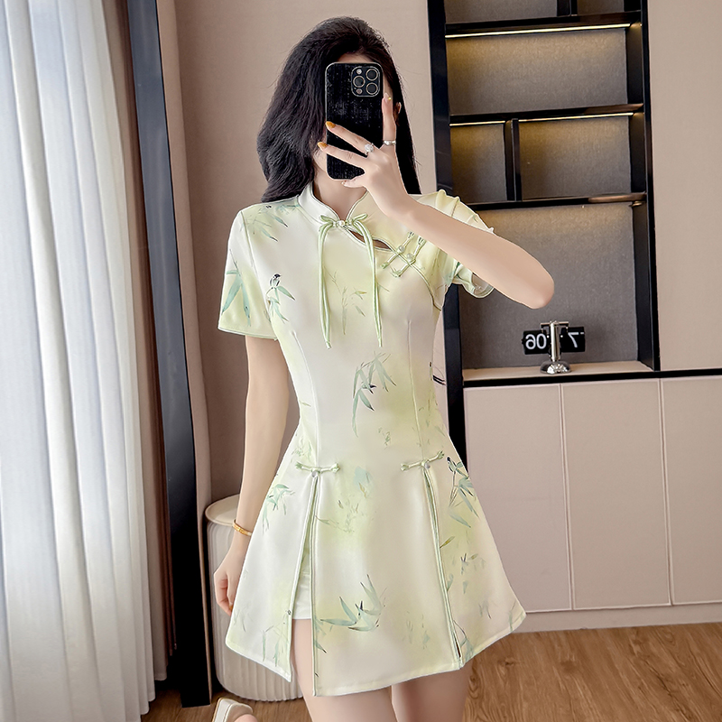 MY15486#  新款国风两件套新中式气质改良旗袍盘扣连衣裙短裤套装裙女裝貨源服裝批發