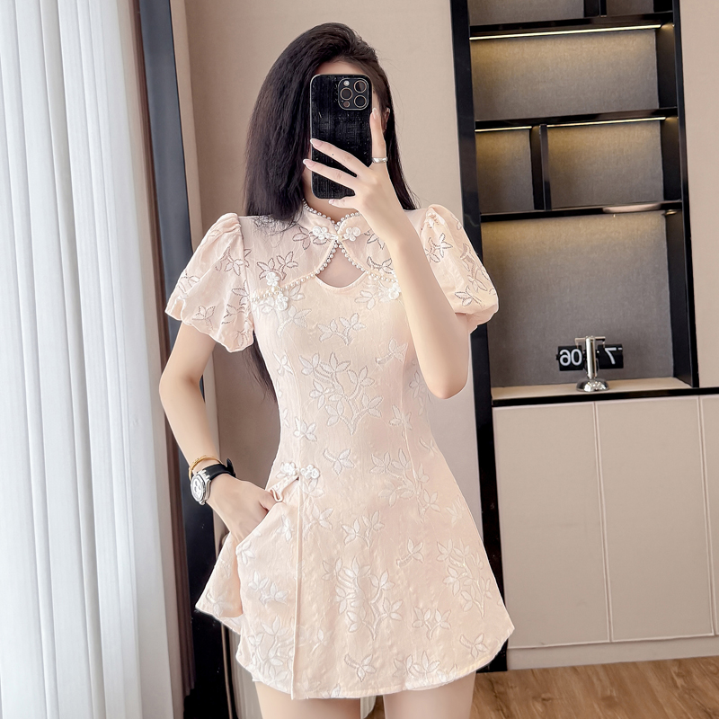 MY15485# 新中式复古改良旗袍裙盘扣蕾丝国风连衣裙短裤两件套女裝貨源服裝批發