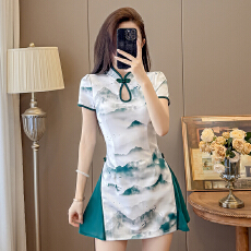 批发实拍 新款国潮水墨色时尚两件套改良旗袍<b class='q'>连衣</b>裙短裤套<b class='q'>装</b>裙