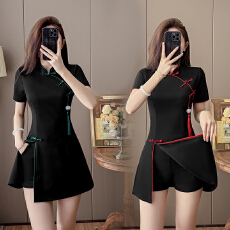 批发实拍 新中式国风<b class='q'>新款</b>套<b class='q'>装</b>时尚设计收腰显瘦连衣裙短<b class='q'>裤</b>套<b class='q'>装</b>