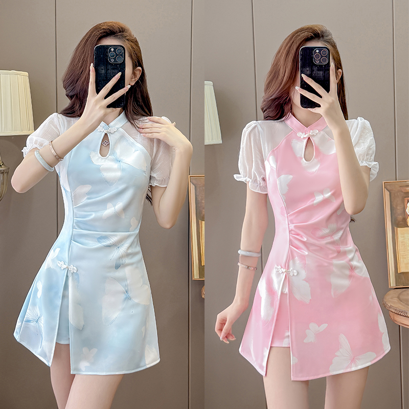 RY8779# 实拍新款改良旗袍裙夏季新中式国风年轻少女款收腰短袖连衣裙套装