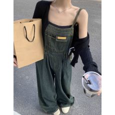 批发复古牛仔背带裤<b class='q'>女</b>秋冬新款设计感小众宽松百搭显瘦阔腿连体背带裤