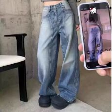 批发复古蓝色毛边弯刀<b class='q'>牛仔</b>裤<b class='q'>女</b>秋冬新款美式辣妹宽松阔腿显瘦直筒裤子
