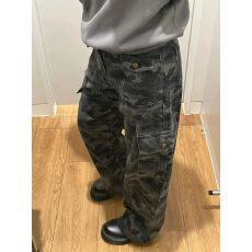 批发冬季百搭学生高腰宽松直筒显瘦多口袋牛仔<b class='q'>裤</b>潮<b class='q'>迷彩</b>女工装休闲<b class='q'>裤</b>