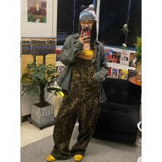 批发2025新款冬季美式豹纹牛仔<b class='q'>背带裤</b><b class='q'>女</b>高街复古宽松百搭炸街阔腿裤子