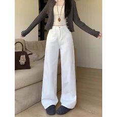 批发白色高腰阔腿<b class='q'>牛仔裤</b>女2025年冬季新款高级感高端宽松直筒垂感裤子