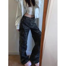 批发美式辣妹高街迷彩工装<b class='q'>裤</b>女2025冬季新款高腰宽松显瘦阔腿牛仔<b class='q'>裤</b>子