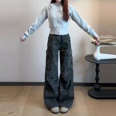批发高腰阔<b class='q'>腿</b>迷彩工装<b class='q'>裤</b>女2025冬季新款辣妹直筒复古宽松休闲拖地长<b class='q'>裤</b>